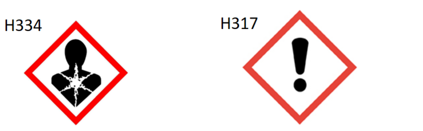 H334: sensibiliserend voor de ademhalingswegen: zwart poppetje in rood vierkant met een stervormig figuur rond de hals  + H317: sensibiliserend voor de huid: zwartuitroepteken in rood vierkant